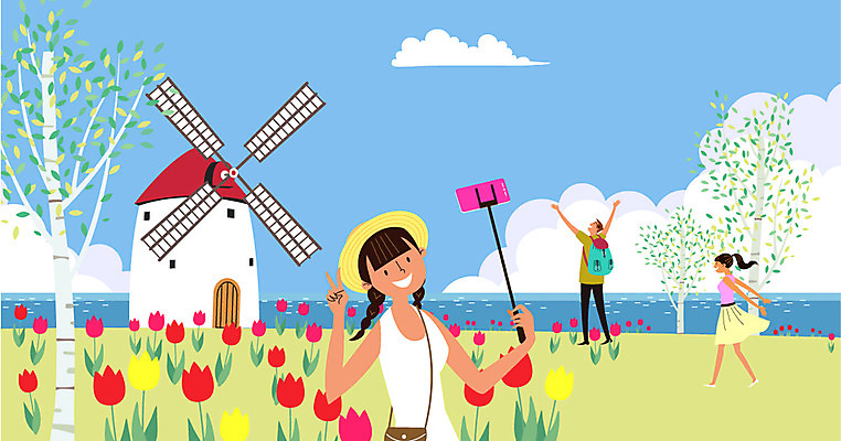 나무 구름 여자 남자 바다 해외여행 여행 일러스트 성인 세명 스마트폰 사진촬영 풍차 튤립 셀프카메라 네덜란드 유럽여행 셀카봉 국내일러스트 AI파일 자연요소 식물 해외 꽃 유럽 사람 핸드폰 스마트기기 촬영 파일형식 벡터