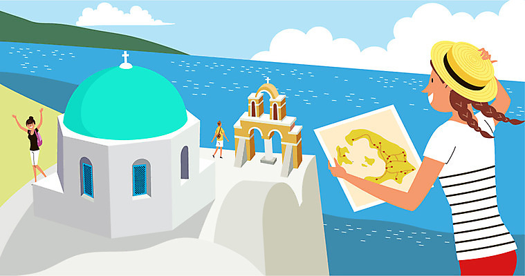 구름 여자 남자 해외여행 여행 지도 일러스트 성인 건물 세명 그리스 유럽여행 산토리니 산토리니섬 국내일러스트 AI파일 자연요소 해외 건축물 유럽 섬 사람 파일형식 벡터