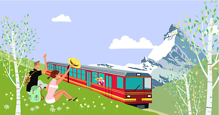 나무 구름 여자 남자 해외여행 여행 일러스트 배낭 성인 세명 기차 스위스 알프스 유럽여행 국내일러스트 AI파일 자연요소 식물 해외 유럽 육상교통 가방 대중교통 사람 파일형식 벡터