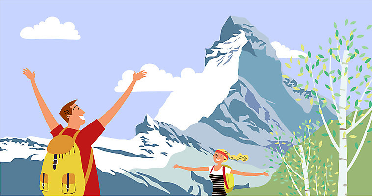 나무 구름 여자 남자 해외여행 여행 일러스트 배낭 산 성인 두명 스위스 유럽여행 국내일러스트 AI파일 자연요소 식물 해외 유럽 가방 사람 파일형식 벡터