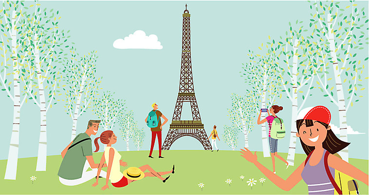 나무 구름 여자 남자 해외여행 여행 일러스트 배낭 여러명 성인 프랑스 에펠탑 유럽여행 국내일러스트 AI파일 자연요소 식물 해외 유럽 다수 가방 사람 파리 랜드마크 파일형식 벡터