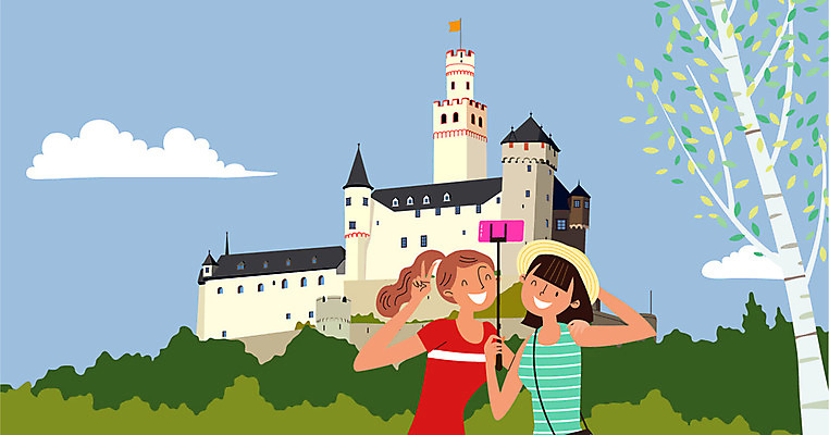 나무 구름 여자 해외여행 여행 일러스트 독일 성인 두명 스마트폰 셀프카메라 유럽여행 노이슈반슈타인성 셀카봉 국내일러스트 AI파일 자연요소 식물 해외 유럽 사람 핸드폰 스마트기기 사진촬영 파일형식 벡터
