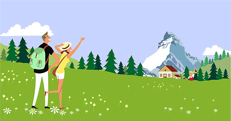 나무 구름 여자 남자 꽃 해외여행 여행 일러스트 배낭 산 주택 성인 세명 스위스 유럽여행 국내일러스트 AI파일 자연요소 식물 해외 유럽 가방 사람 건물 파일형식 벡터