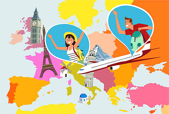 여자 남자 유럽 해외여행 여행 지도 일러스트 산 비행기 성인 두명 관광지 풍차 에펠탑 피사의사탑 유럽여행 빅벤 국내일러스트 AI파일 해외 나라 항공교통 대중교통 사람 이탈리아 세계문화유산 시계탑 런던 파리 랜드마크 파일형식 벡터