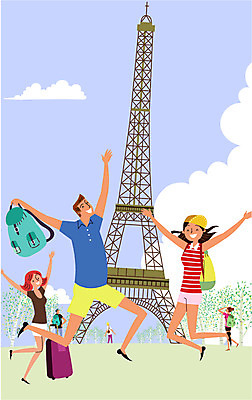 나무 구름 여자 남자 해외여행 여행 일러스트 배낭 여러명 성인 캐리어 점프 프랑스 에펠탑 유럽여행 국내일러스트 AI파일 자연요소 식물 해외 유럽 다수 가방 모션 사람 여행가방 파리 랜드마크 파일형식 벡터