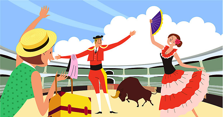 구름 여자 남자 해외여행 여행 일러스트 성인 세명 캐리어 부채 소 스페인 유럽여행 탱고 투우 투우사 투우장 국내일러스트 AI파일 자연요소 직업 해외 유럽 포유류 사람 여행가방 춤 파일형식 벡터