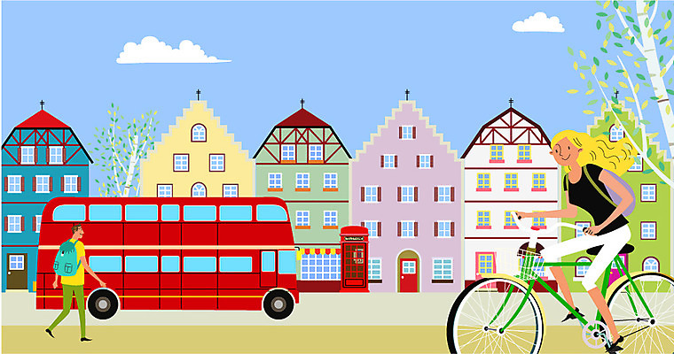 나무 구름 여자 남자 해외여행 여행 일러스트 배낭 거리 성인 두명 건물 자전거 유럽여행 이층버스 국내일러스트 AI파일 자연요소 식물 해외 건축물 가방 버스 사람 바이크 파일형식 벡터