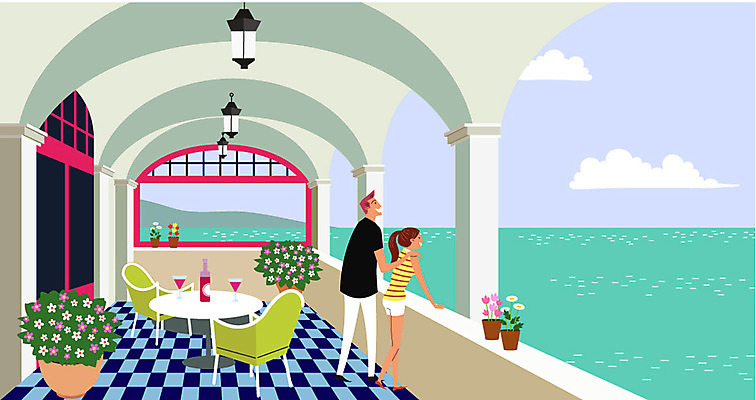 구름 여자 남자 꽃 화분 바다 해외여행 여행 와인잔 의자 일러스트 탁자 조명 성인 두명 문 와인 카페 와인병 유럽여행 야외테라스 국내일러스트 AI파일 자연요소 식물 해외 가구 술잔 병_용기 주류 사람 상점 발코니 파일형식 벡터