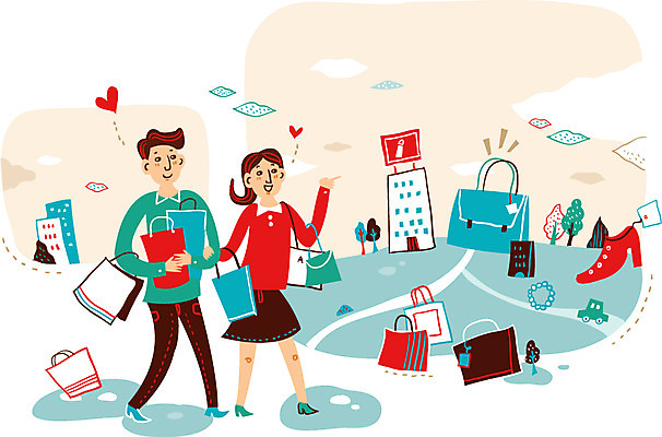 나무 구름 커플 여자 남자 행복 구두 가방 일러스트 함께함 사랑 성인 두명 쇼핑 쇼핑백 상점 쇼핑몰 국내일러스트 AI파일 자연요소 식물 잡화 감정 신발 컨셉 관계 사람 파일형식 벡터