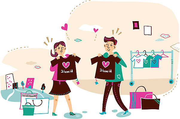 커플 옷 여자 남자 행복 일러스트 함께함 사랑 성인 두명 쇼핑 쇼핑백 상점 옷걸이 쇼핑몰 커플티 국내일러스트 AI파일 감정 컨셉 가방 관계 사람 커플룩 파일형식 벡터