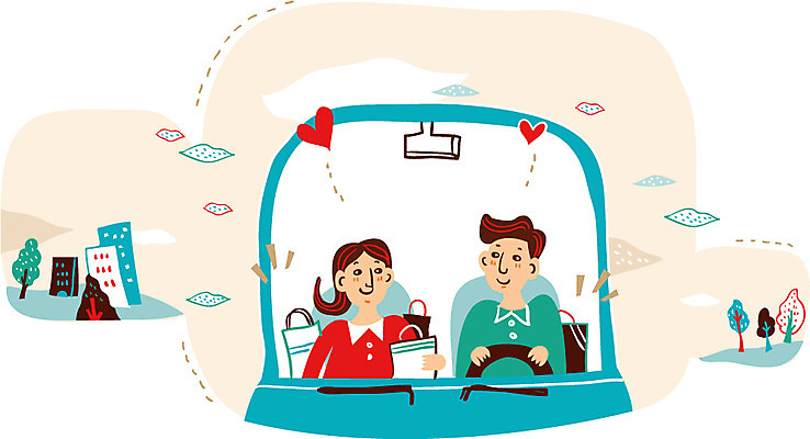 나무 구름 커플 여자 남자 행복 일러스트 자동차 함께함 사랑 성인 두명 쇼핑 쇼핑백 차안 국내일러스트 AI파일 자연요소 식물 감정 육상교통 컨셉 가방 관계 사람 파일형식 벡터