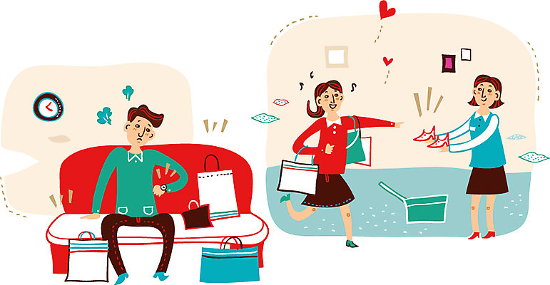 커플 여자 남자 행복 구두 시계 일러스트 함께함 사랑 성인 세명 쇼핑 소파 쇼핑백 상점 쇼핑몰 판매원 스토어 국내일러스트 AI파일 직업 감정 신발 컨셉 의자 가방 관계 사람 파일형식 벡터