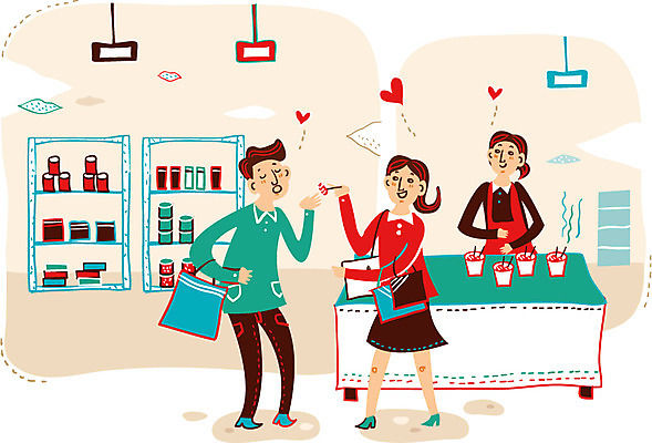 커플 여자 남자 행복 음식 일러스트 선반 함께함 사랑 성인 세명 쇼핑 쇼핑백 상점 먹기 가판대 식료품점 국내일러스트 AI파일 감정 가구 컨셉 가방 관계 모션 사람 파일형식 벡터