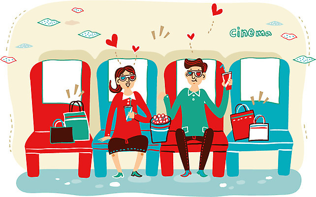 커플 여자 남자 행복 의자 일러스트 함께함 사랑 성인 두명 쇼핑 쇼핑백 영화관 콜라 팝콘 영화감상 국내일러스트 AI파일 감정 가구 컨셉 가방 관계 사람 감상 극장 영화 탄산음료 파일형식 벡터