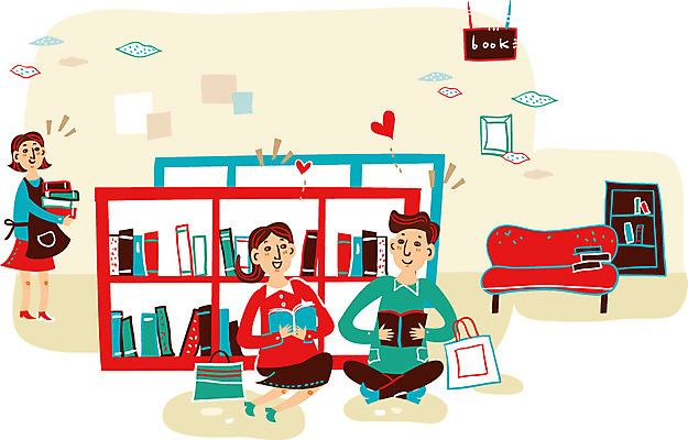 커플 여자 남자 행복 일러스트 선반 함께함 사랑 성인 책 세명 쇼핑 소파 독서 쇼핑백 상점 판매원 서점 국내일러스트 AI파일 직업 감정 가구 컨셉 의자 가방 관계 사람 파일형식 벡터