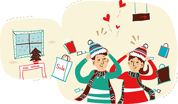 커플 여자 남자 행복 일러스트 창문 함께함 털모자 사랑 성인 두명 쇼핑 쇼핑백 크리스마스트리 세일 목도리 눈 국내일러스트 AI파일 자연요소 모자_잡화 잡화 감정 컨셉 크리스마스 가방 관계 날씨 사람 파일형식 벡터