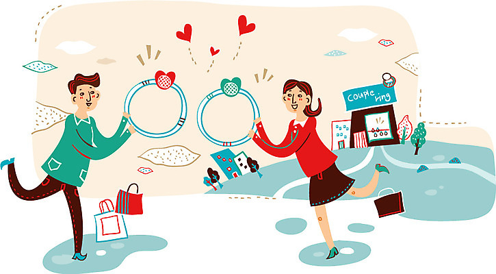 나무 커플 여자 남자 행복 일러스트 함께함 사랑 성인 두명 쇼핑 쇼핑백 상점 쇼핑몰 커플반지 국내일러스트 AI파일 식물 감정 컨셉 가방 관계 사람 반지 파일형식 벡터