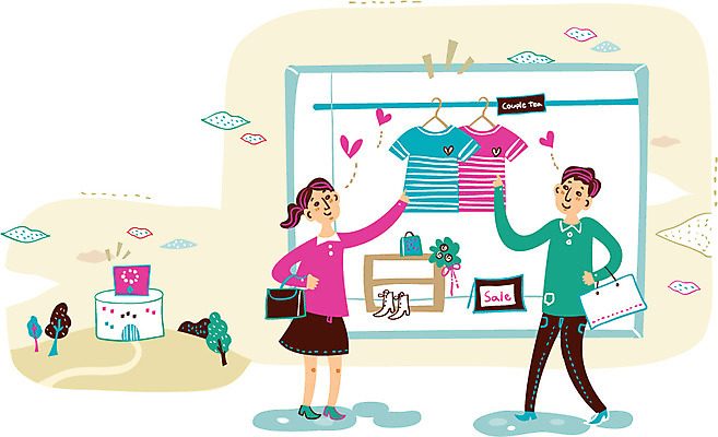 나무 커플 옷 여자 남자 행복 일러스트 함께함 사랑 성인 두명 쇼핑 쇼핑백 세일 상점 쇼핑몰 쇼윈도 스토어 국내일러스트 AI파일 식물 감정 컨셉 가방 관계 사람 전시 파일형식 벡터