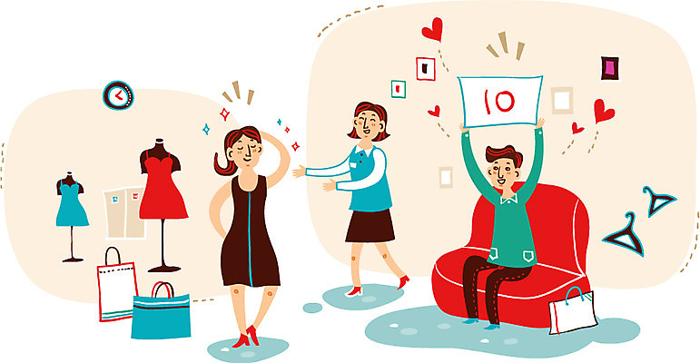 커플 옷 여자 남자 행복 시계 일러스트 함께함 사랑 성인 세명 쇼핑 소파 쇼핑백 상점 옷걸이 마네킹 쇼핑몰 판매원 스토어 국내일러스트 AI파일 직업 감정 컨셉 의자 가방 관계 사람 파일형식 벡터