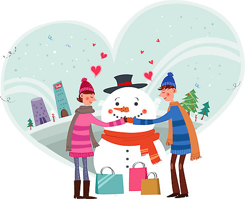 커플 여자 남자 행복 크리스마스 겨울 일러스트 눈사람 함께함 사랑 성인 두명 쇼핑 쇼핑백 크리스마스트리 세일 상점 국내일러스트 AI파일 계절 기념일 감정 컨셉 가방 관계 사람 파일형식 벡터