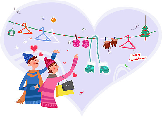 커플 여자 남자 행복 크리스마스 겨울 일러스트 함께함 사랑 성인 두명 쇼핑 쇼핑백 크리스마스트리 옷걸이 털장갑 국내일러스트 AI파일 계절 기념일 감정 장갑 컨셉 가방 관계 사람 파일형식 벡터