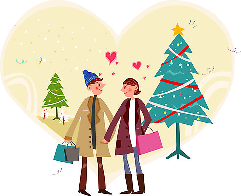 커플 여자 남자 행복 크리스마스 겨울 일러스트 함께함 사랑 성인 두명 쇼핑 쇼핑백 크리스마스트리 손잡기 하트 국내일러스트 AI파일 모양 계절 기념일 감정 컨셉 가방 관계 모션 사람 파일형식 벡터