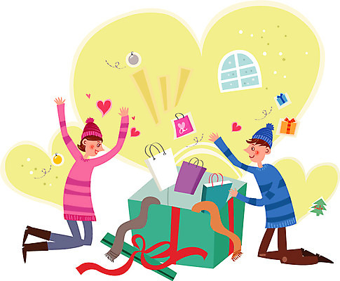 커플 여자 남자 행복 일러스트 창문 함께함 사랑 성인 두명 선물상자 쇼핑 쇼핑백 국내일러스트 AI파일 감정 컨셉 가방 관계 선물 사람 상자 파일형식 벡터