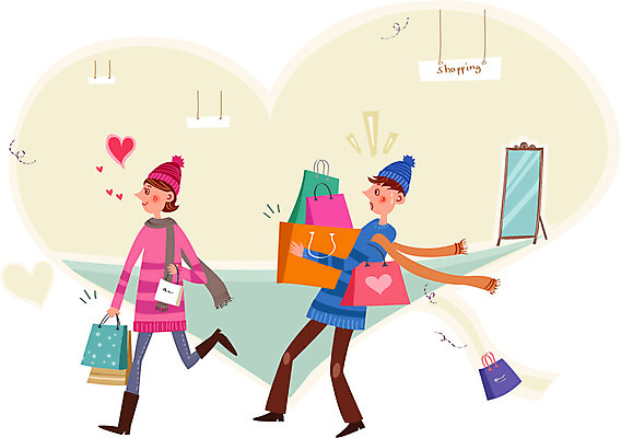 커플 여자 남자 행복 일러스트 함께함 사랑 성인 두명 쇼핑 쇼핑백 전신거울 국내일러스트 AI파일 감정 컨셉 가방 관계 사람 거울 파일형식 벡터