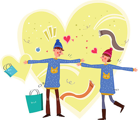 커플 여자 남자 행복 일러스트 함께함 사랑 성인 두명 쇼핑 쇼핑백 목도리 커플티 국내일러스트 AI파일 잡화 감정 컨셉 가방 관계 사람 커플룩 파일형식 벡터