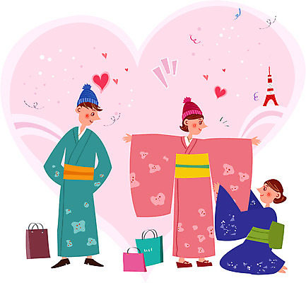 커플 여자 남자 행복 일러스트 함께함 사랑 성인 세명 쇼핑 쇼핑백 기모노 판매원 도쿄타워 해외쇼핑 국내일러스트 AI파일 직업 감정 컨셉 가방 관계 사람 일본전통의상 파일형식 벡터