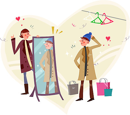 커플 여자 남자 행복 일러스트 함께함 사랑 성인 두명 쇼핑 쇼핑백 옷걸이 전신거울 국내일러스트 AI파일 감정 컨셉 가방 관계 사람 거울 파일형식 벡터