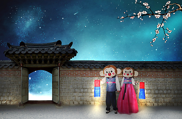 전신 PSD 편집이미지 여자 남자 밤하늘 새해 서기 들기 20대 성인 두명 앞모습 빛 한국인 나뭇가지 원숭이 야간 한복 청사초롱 매화 대문 원숭이캐릭터 동물탈 인형탈 청년만 성인만 기와담장 이미지편집 자연요소 나무 한국전통 꽃 뷰포인트 동물캐릭터 포유류 모션 하늘 기와 사람 동양인 청년 담장 문 전통의상 탈 초롱 파일형식