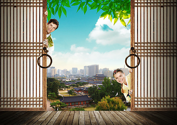 PSD 백인 편집이미지 여자 남자 새해 한옥 기와집 상반신 20대 성인 두명 마루 한복 창호문 숨기 이미지편집 서양인 한국전통 고건축 모션 바닥 사람 청년 문 전통의상 파일형식