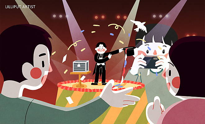 PSD 여자 남자 일러스트 조명 여러명 성인 공연 마술 무대 마술사 마술도구 비둘기 마술사모자 마술사복장 마술쇼 소인국 아티스트 국내일러스트 직업 모자_잡화 옷 다수 조류 사람 이벤트 도구 파일형식