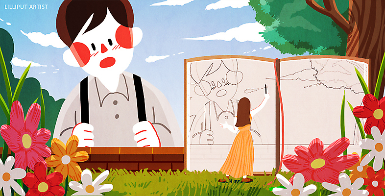 주간 PSD 나무 구름 여자 남자 꽃 일러스트 하늘 성인 야외 두명 연필 공책 스케치 화가 소인국 아티스트 국내일러스트 자연요소 식물 직업 문구용품 학용품 미술 사람 필기구 파일형식