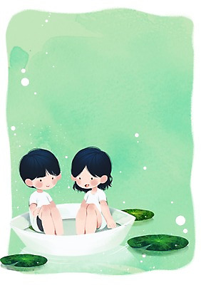 PSD 여자 남자 어린이 일러스트 소녀 소년 두명 연잎 조각배 국내일러스트 잎 배_교통 사람 파일형식