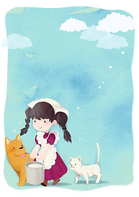 PSD 구름 여자 어린이 일러스트 양갈래머리 하늘 한명 소녀 고양이 앞치마 우유 강아지 양동이 우유통 소녀만 소녀한명만 국내일러스트 자연요소 1 헤어스타일 포유류 유제품 사람 반려동물 개 여자만 여자한명만 어린이만 파일형식