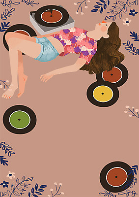 PSD 여자 꽃 일러스트 한명 성인 눕기 레코드 잠 풀잎 감성 레코드플레이어 국내일러스트 식물 1 컨셉 잎 모션 사람 음반 풀_식물 파일형식