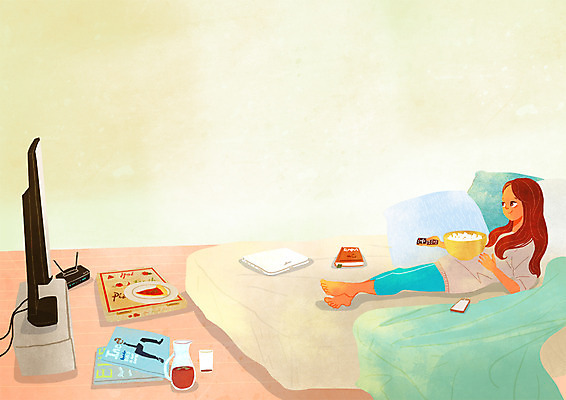 PSD 여자 여유 일러스트 베개 휴식 잔 피자 실내 한명 성인 책 스마트폰 눕기 텔레비전 이불 방 침대 리모컨 힐링 팝콘 음료수병 소확행 국내일러스트 1 식기 감정 가구 컨셉 침구 모션 패스트푸드 서양음식 사람 내부 전자제품 핸드폰 스마트기기 신조어 병_담는 파일형식