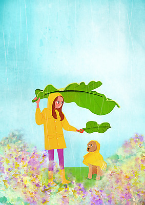 주간 PSD 여자 꽃 여유 일러스트 휴식 나뭇잎 장화 한명 성인 야외 산책 비 강아지 힐링 우비 소확행 국내일러스트 자연요소 식물 1 옷 감정 신발 컨셉 잎 날씨 사람 반려동물 개 신조어 파일형식