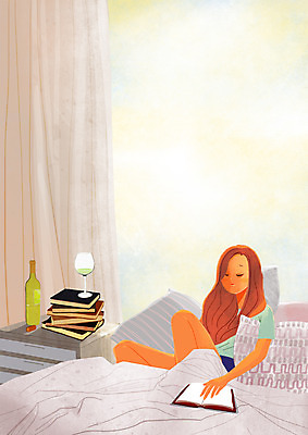 PSD 여자 여유 와인잔 일러스트 베개 휴식 실내 한명 성인 책 독서 이불 방 침대 잠 커튼 와인병 서랍장 힐링 소확행 국내일러스트 1 감정 가구 컨셉 술잔 침구 병_용기 사람 내부 와인 신조어 파일형식