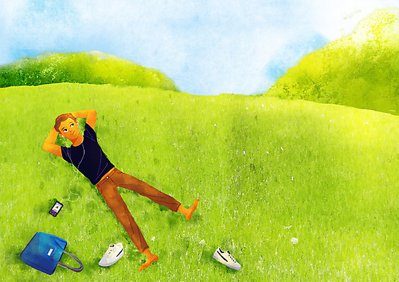 주간 PSD 남자 여유 이어폰 신발 가방 일러스트 휴식 한명 잔디 성인 야외 눕기 음악감상 힐링 안식처 소확행 국내일러스트 자연요소 식물 1 잡화 감정 음향기기 컨셉 모션 사람 감상 신조어 파일형식