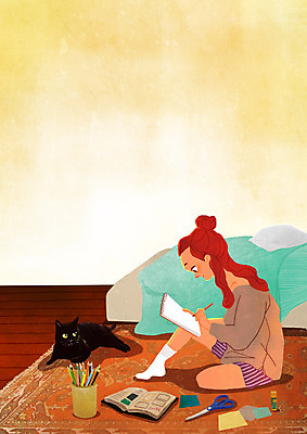 PSD 여자 여유 일러스트 베개 휴식 색연필 가위 실내 한명 성인 책 연필 고양이 이불 방 침대 그리기 스케치북 연필꽂이 힐링 안식처 접착풀 소확행 국내일러스트 1 감정 가구 컨셉 포유류 침구 모션 문구용품 학용품 사람 내부 반려동물 필기구 풀_접착제 신조어 파일형식