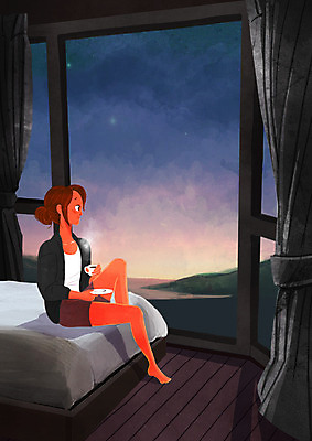 PSD 여자 여유 커피 일러스트 창문 휴식 한명 성인 새벽 방 침대 커튼 커피잔 힐링 안식처 소확행 국내일러스트 자연요소 1 감정 음료 가구 컨셉 잔 사람 신조어 파일형식