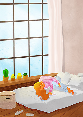 PSD 여자 화분 여유 이어폰 일러스트 창문 베개 휴식 슬리퍼 실내 한명 성인 스마트폰 눕기 음악감상 방 침대 힐링 소확행 국내일러스트 1 감정 음향기기 가구 신발 컨셉 침구 모션 사람 내부 핸드폰 스마트기기 감상 신조어 파일형식