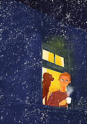 PSD 남자 여유 일러스트 창문 휴식 한명 성인 야외 머그컵 눈 연기 강아지 야간 힐링 소확행 국내일러스트 자연요소 1 감정 컨셉 날씨 사람 컵 반려동물 개 신조어 파일형식