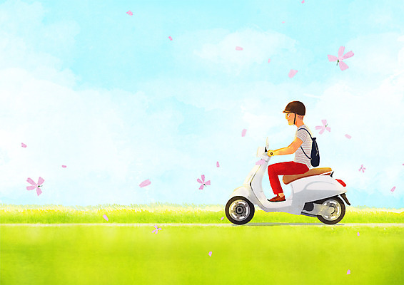 주간 PSD 남자 꽃잎 여유 일러스트 휴식 한명 성인 야외 스쿠터 헬멧 힐링 시골길 낙화 안식처 소확행 국내일러스트 자연요소 1 꽃 감정 길 컨셉 사람 오토바이 보호장비 신조어 파일형식