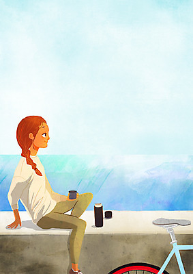 주간 PSD 여자 여유 바다 일러스트 휴식 한명 성인 야외 자전거 힐링 보온병 소확행 국내일러스트 자연요소 1 감정 컨셉 사람 바이크 신조어 파일형식