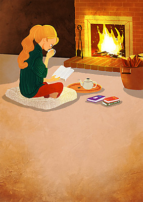 PSD 여자 여유 거실 일러스트 휴식 실내 방석 한명 성인 책 독서 찻잔 장작 찻주전자 벽난로 힐링 안식처 소확행 국내일러스트 1 감정 컨셉 주전자 잔 사람 내부 신조어 파일형식