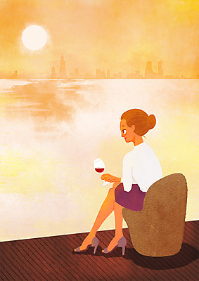 PSD 여자 여유 와인잔 의자 일러스트 휴식 한명 앉기 성인 태양 일몰 강가 힐링 안식처 소확행 국내일러스트 자연요소 1 감정 가구 컨셉 술잔 모션 사람 강 노을 신조어 파일형식